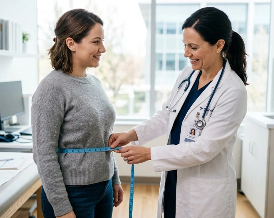 Clinician using a flexible contour ribbon to explain a waist treatment area to an adult woman